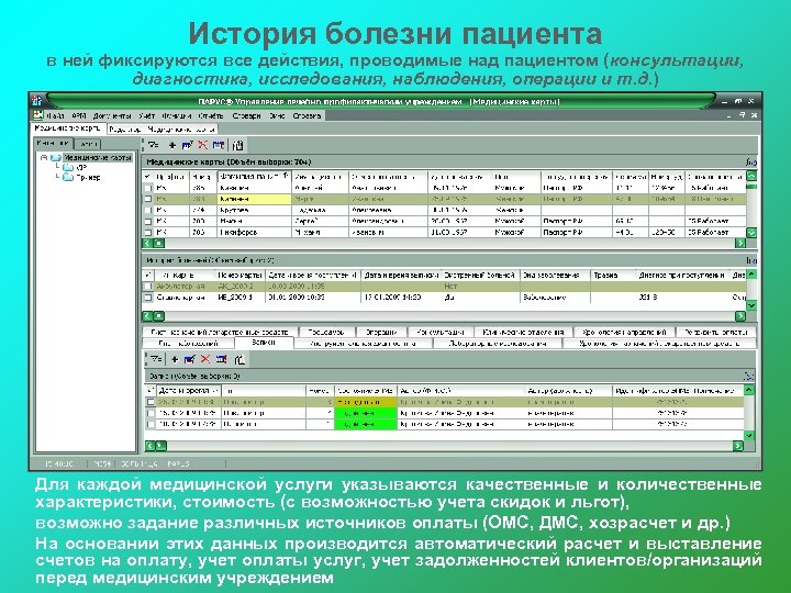 История болезни пациента в ней фиксируются все действия, проводимые над пациентом (консультации, диагностика, исследования,