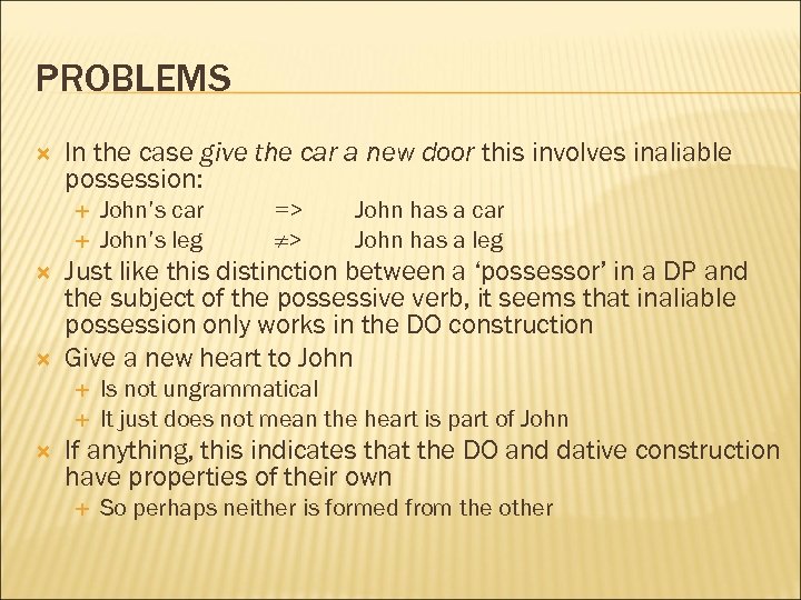 PROBLEMS In the case give the car a new door this involves inaliable possession: