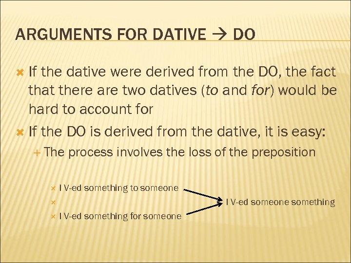 ARGUMENTS FOR DATIVE DO If the dative were derived from the DO, the fact