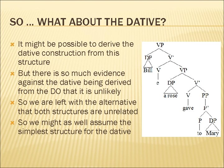 SO. . . WHAT ABOUT THE DATIVE? It might be possible to derive the