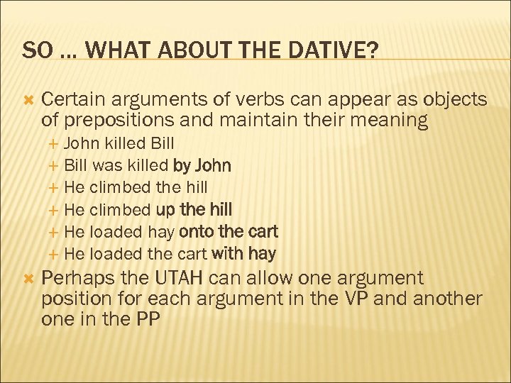 SO. . . WHAT ABOUT THE DATIVE? Certain arguments of verbs can appear as