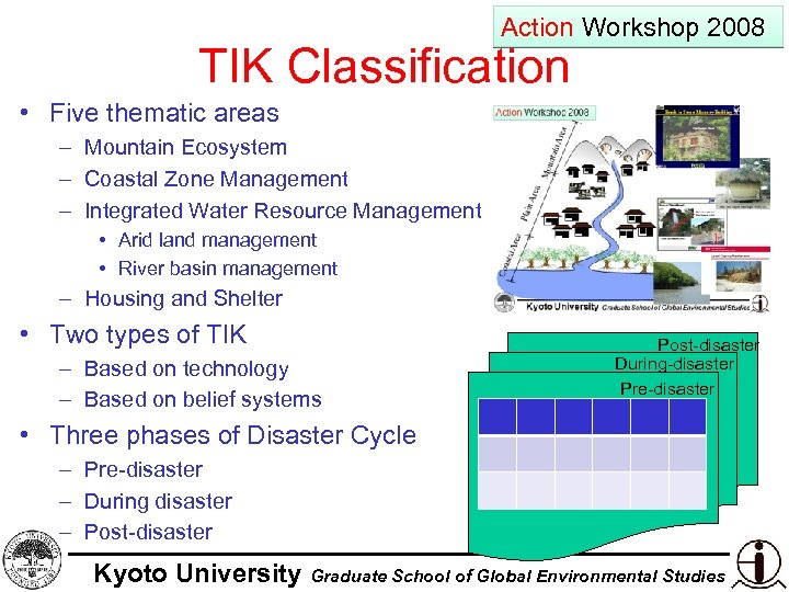 Action Workshop 2008 TIK Classification • Five thematic areas – Mountain Ecosystem – Coastal
