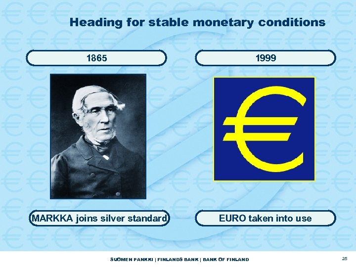Heading for stable monetary conditions 1865 1999 MARKKA joins silver standard EURO taken into