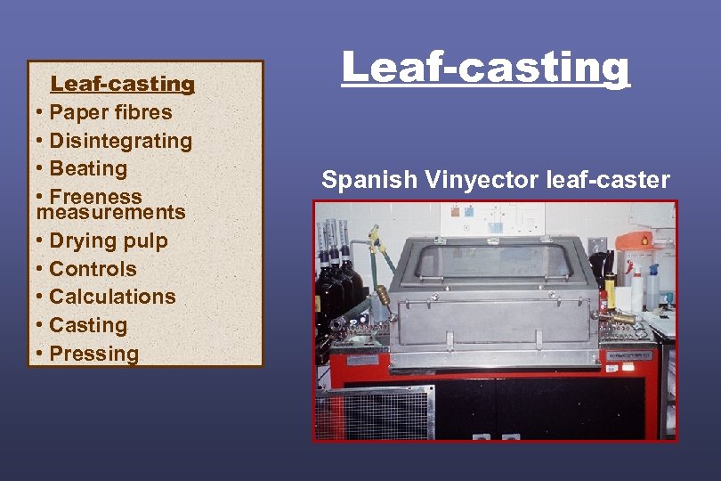 Leaf-casting • Paper fibres • Disintegrating • Beating • Freeness measurements • Drying pulp