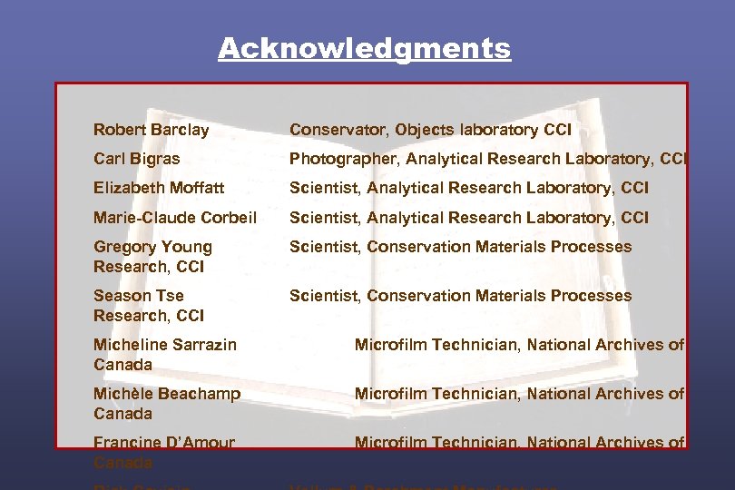 Acknowledgments Robert Barclay Conservator, Objects laboratory CCI Carl Bigras Photographer, Analytical Research Laboratory, CCI