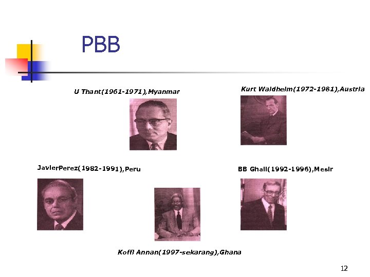 PBB U Thant(1961 -1971), Myanmar Javier. Perez(1982 -1991), Peru Kurt Waldheim(1972 -1981), Austria BB