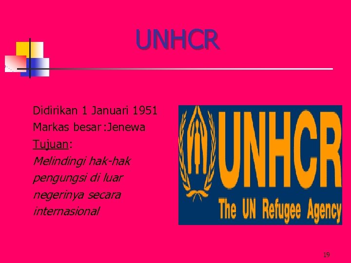 UNHCR Didirikan 1 Januari 1951 Markas besar : Jenewa Tujuan: Melindingi hak-hak pengungsi di