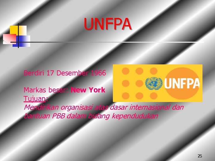 UNFPA Berdiri 17 Desember 1966 Markas besar: New York Tujuan: Mendirikan organisasi atas dasar