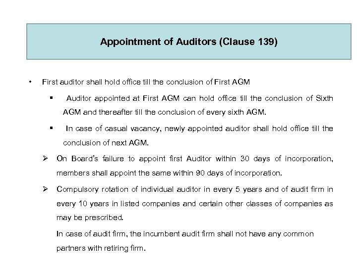 Appointment of Auditors (Clause 139) • First auditor shall hold office till the conclusion