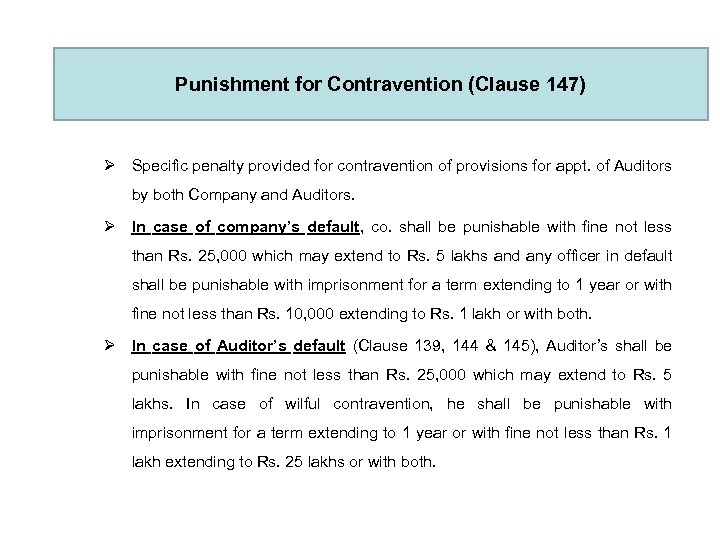 Punishment for Contravention (Clause 147) Ø Specific penalty provided for contravention of provisions for