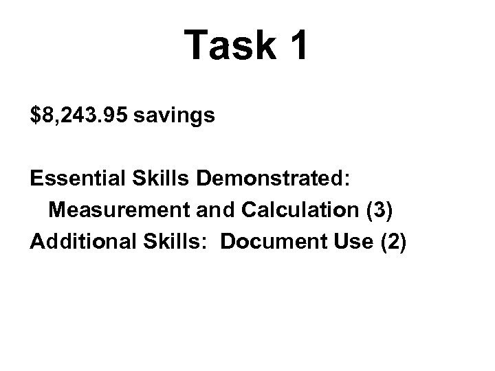 Task 1 $8, 243. 95 savings Essential Skills Demonstrated: Measurement and Calculation (3) Additional