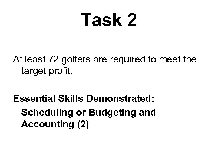 Task 2 At least 72 golfers are required to meet the target profit. Essential