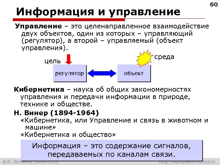Информация и управление 60 Управление – это целенаправленное взаимодействие двух объектов, один из которых