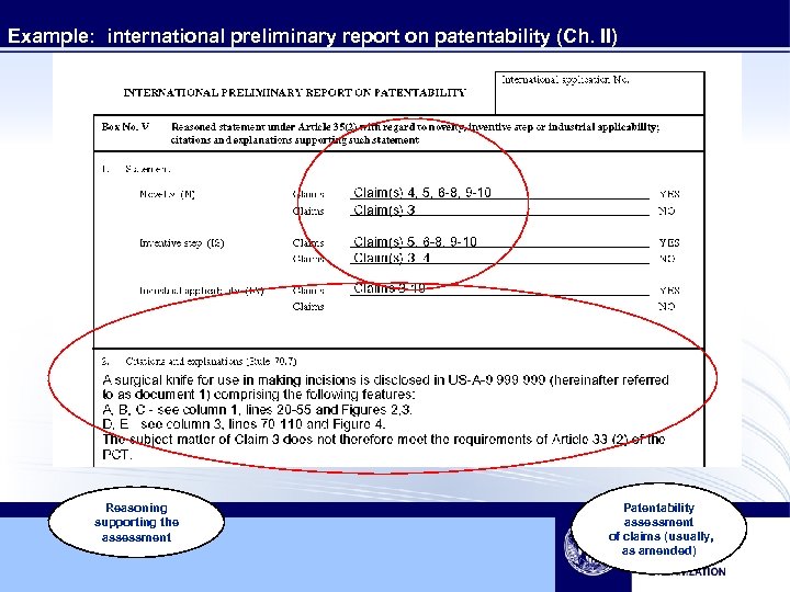 Example: international preliminary report on patentability (Ch. II) Reasoning supporting the assessment Patentability assessment