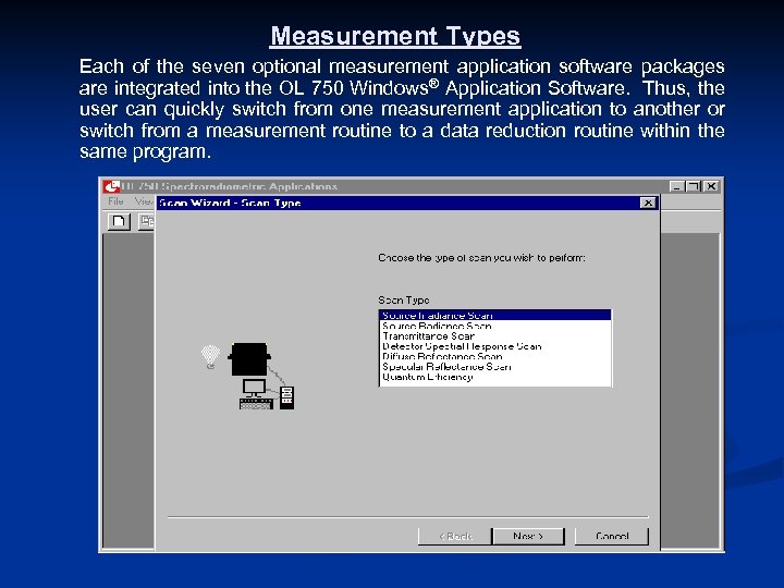 Measurement Types Each of the seven optional measurement application software packages are integrated into