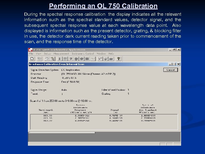 Performing an OL 750 Calibration During the spectral response calibration the display indicates all