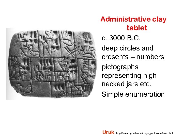  • • Administrative clay tablet c. 3000 B. C. deep circles and cresents