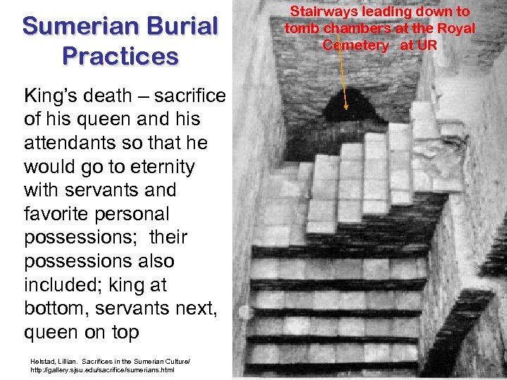Sumerian Burial Practices King’s death – sacrifice of his queen and his attendants so