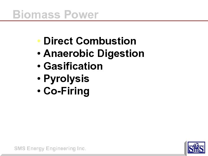 Biomass Power • Direct Combustion • Anaerobic Digestion • Gasification • Pyrolysis • Co-Firing