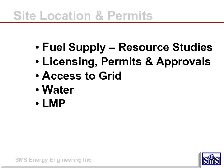 Site Location & Permits • Fuel Supply – Resource Studies • Licensing, Permits &