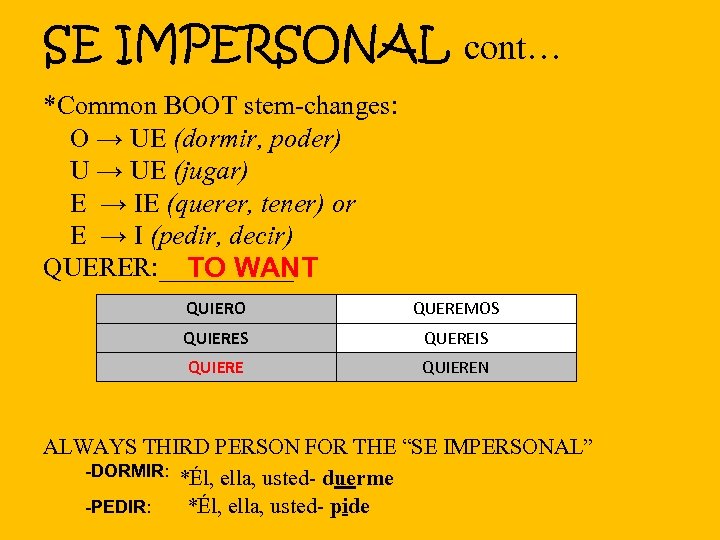 SE IMPERSONAL cont… *Common BOOT stem-changes: O → UE (dormir, poder) U → UE