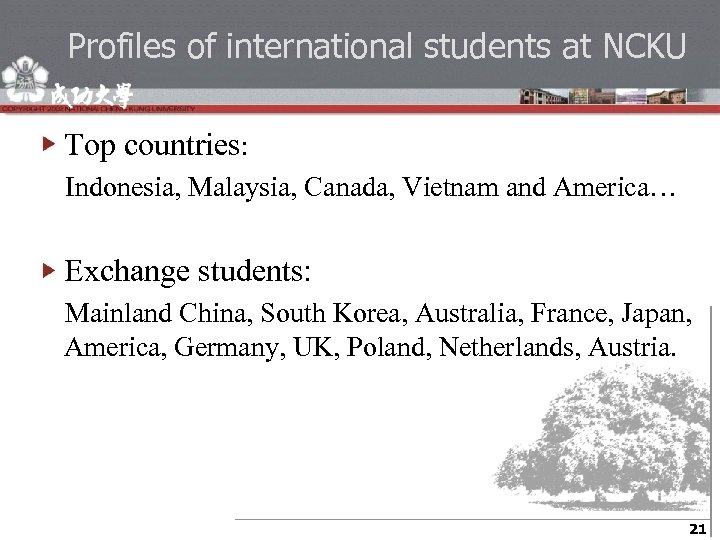 Profiles of international students at NCKU Top countries: Indonesia, Malaysia, Canada, Vietnam and America…