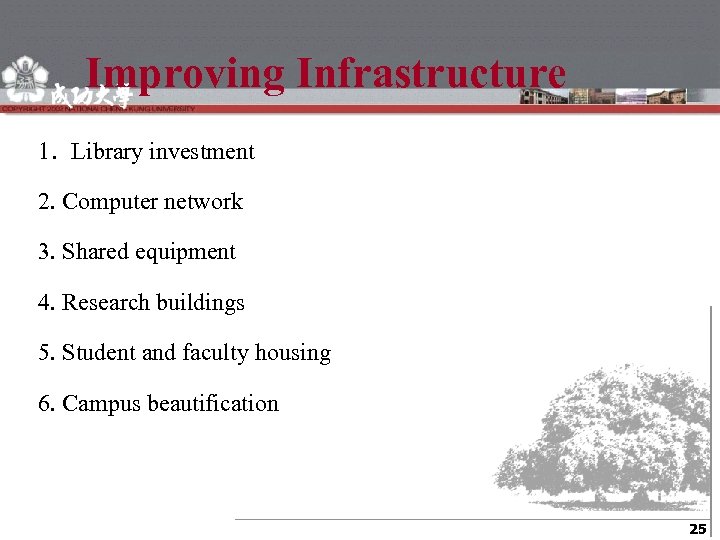 Improving Infrastructure 1. Library investment 2. Computer network 3. Shared equipment 4. Research buildings