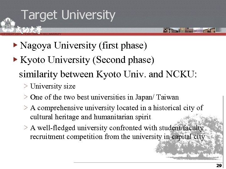 Target University Nagoya University (first phase) Kyoto University (Second phase) similarity between Kyoto Univ.