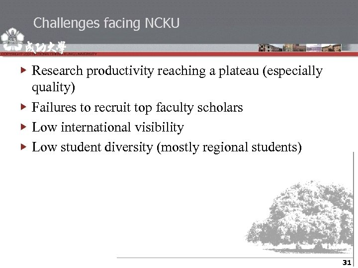 Challenges facing NCKU Research productivity reaching a plateau (especially quality) Failures to recruit top