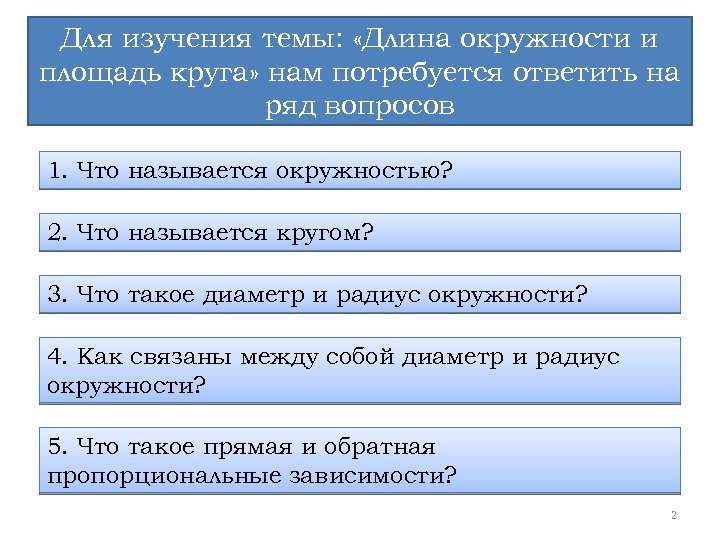 Для изучения темы: «Длина окружности и площадь круга» нам потребуется ответить на ряд вопросов