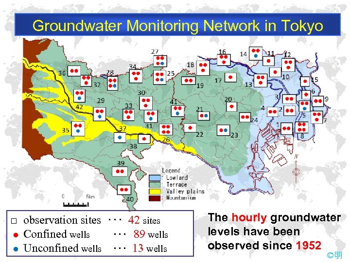 Groundwater Monitoring Network in Tokyo □ observation sites ･･･ 42 sites ● Confined wells