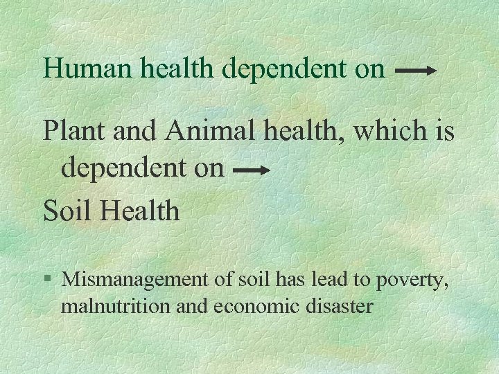 Human health dependent on Plant and Animal health, which is dependent on Soil Health