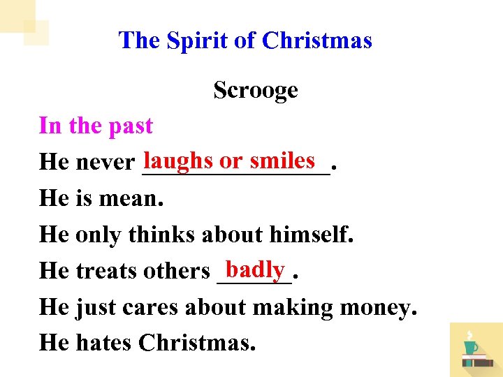 The Spirit of Christmas Scrooge In the past laughs or smiles He never ________.