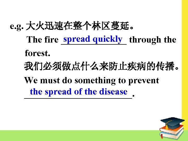 e. g. 大火迅速在整个林区蔓延。 spread quickly The fire _______ through the forest. 我们必须做点什么来防止疾病的传播。 We must