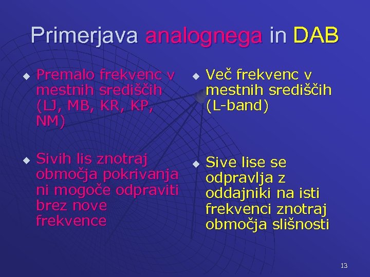 Primerjava analognega in DAB u u Premalo frekvenc v mestnih središčih (LJ, MB, KR,