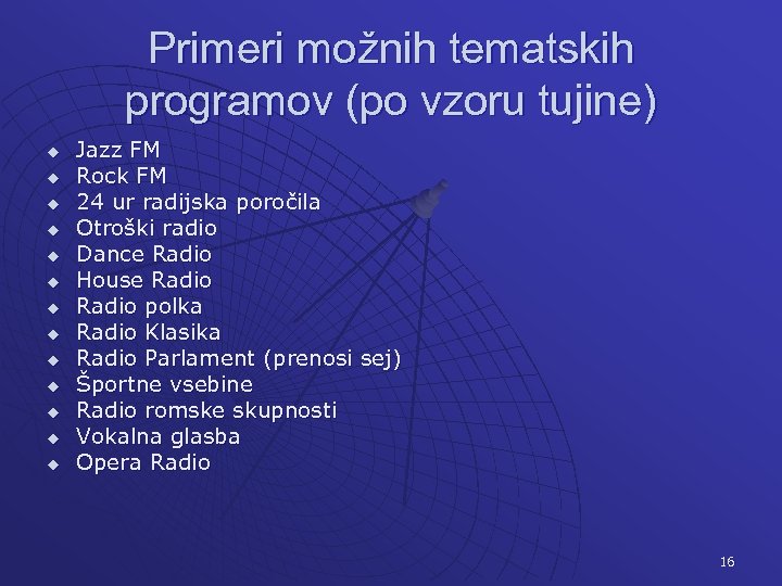Primeri možnih tematskih programov (po vzoru tujine) u u u u Jazz FM Rock