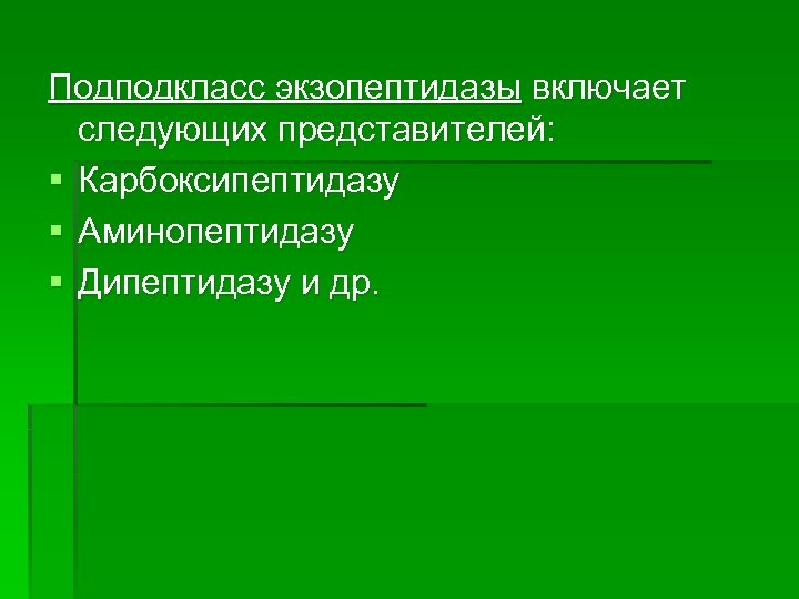 Подподкласс экзопептидазы включает следующих представителей: § Карбоксипептидазу § Аминопептидазу § Дипептидазу и др. 
