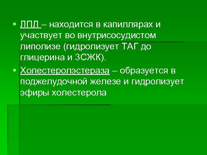§ ЛПЛ – находится в капиллярах и участвует во внутрисосудистом липолизе (гидролизует ТАГ до