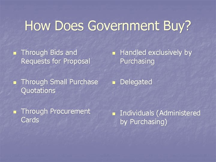 How Does Government Buy? n n n Through Bids and Requests for Proposal Through