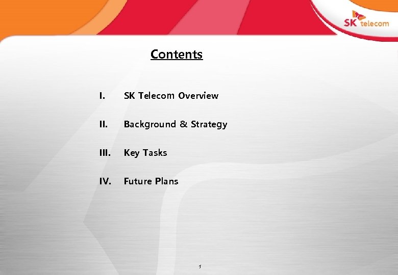 Contents I. SK Telecom Overview II. Background & Strategy III. Key Tasks IV. Future