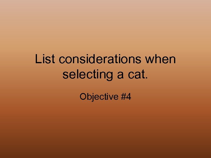 List considerations when selecting a cat. Objective #4 