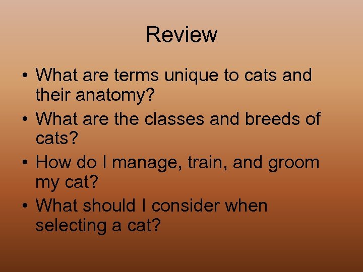 Review • What are terms unique to cats and their anatomy? • What are