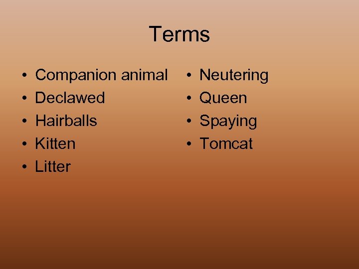 Terms • • • Companion animal Declawed Hairballs Kitten Litter • • Neutering Queen