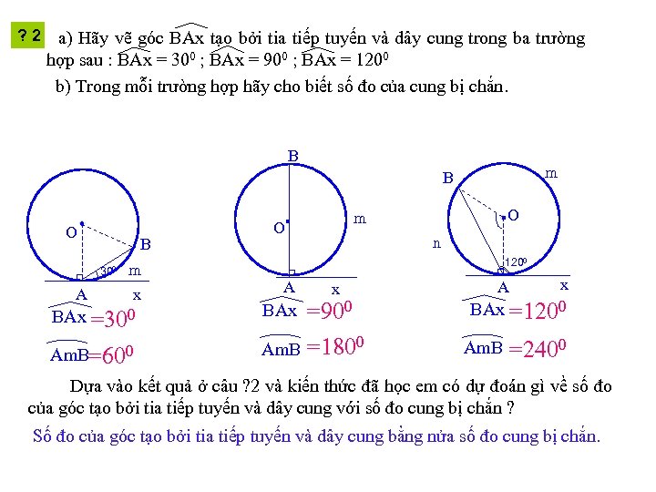 ? 2 a) Hãy vẽ góc BAx tạo bởi tia tiếp tuyến và dây