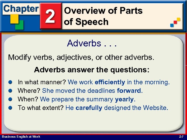 Overview of Parts of Speech Adverbs. . . Modify verbs, adjectives, or other adverbs.