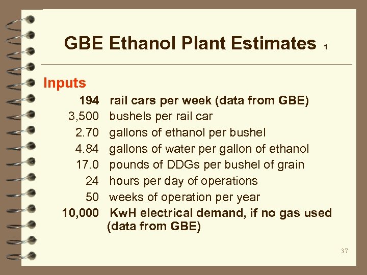 GBE Ethanol Plant Estimates 1 Inputs 194 3, 500 2. 70 4. 84 17.