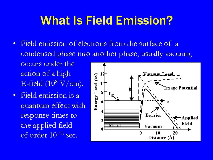 What Is Field Emission? • Field emission of electrons from the surface of a