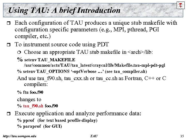 Using TAU: A brief Introduction r r Each configuration of TAU produces a unique