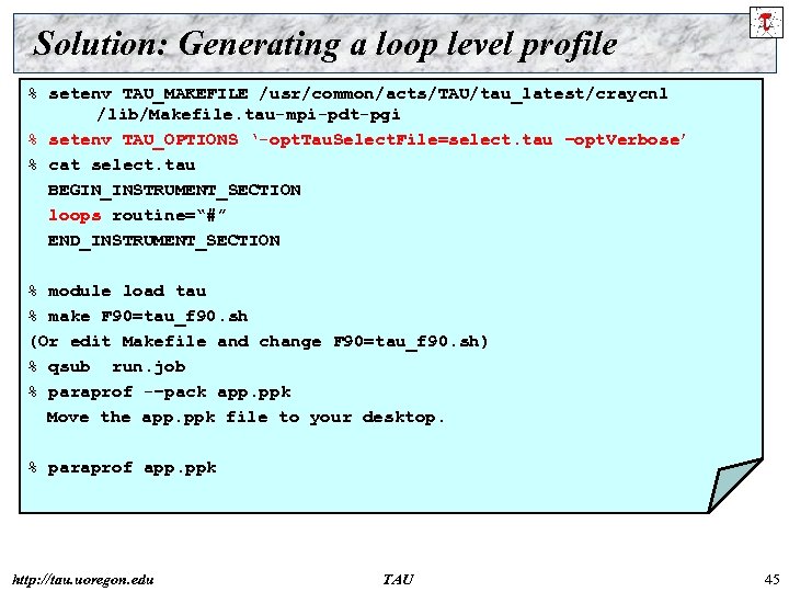 Solution: Generating a loop level profile % setenv TAU_MAKEFILE /usr/common/acts/TAU/tau_latest/craycnl /lib/Makefile. tau-mpi-pdt-pgi % setenv