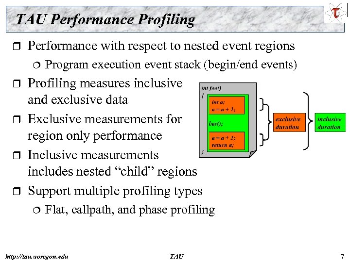 TAU Performance Profiling r Performance with respect to nested event regions r r Program